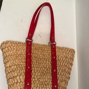 Straw Woven Tote Bag with Red Shoulder Straps